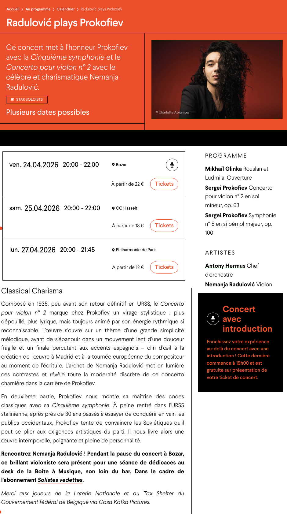 Page Internet. Belgian National Orchestra. Prokofiev and Radulović live in Brussels. 2026-04-24